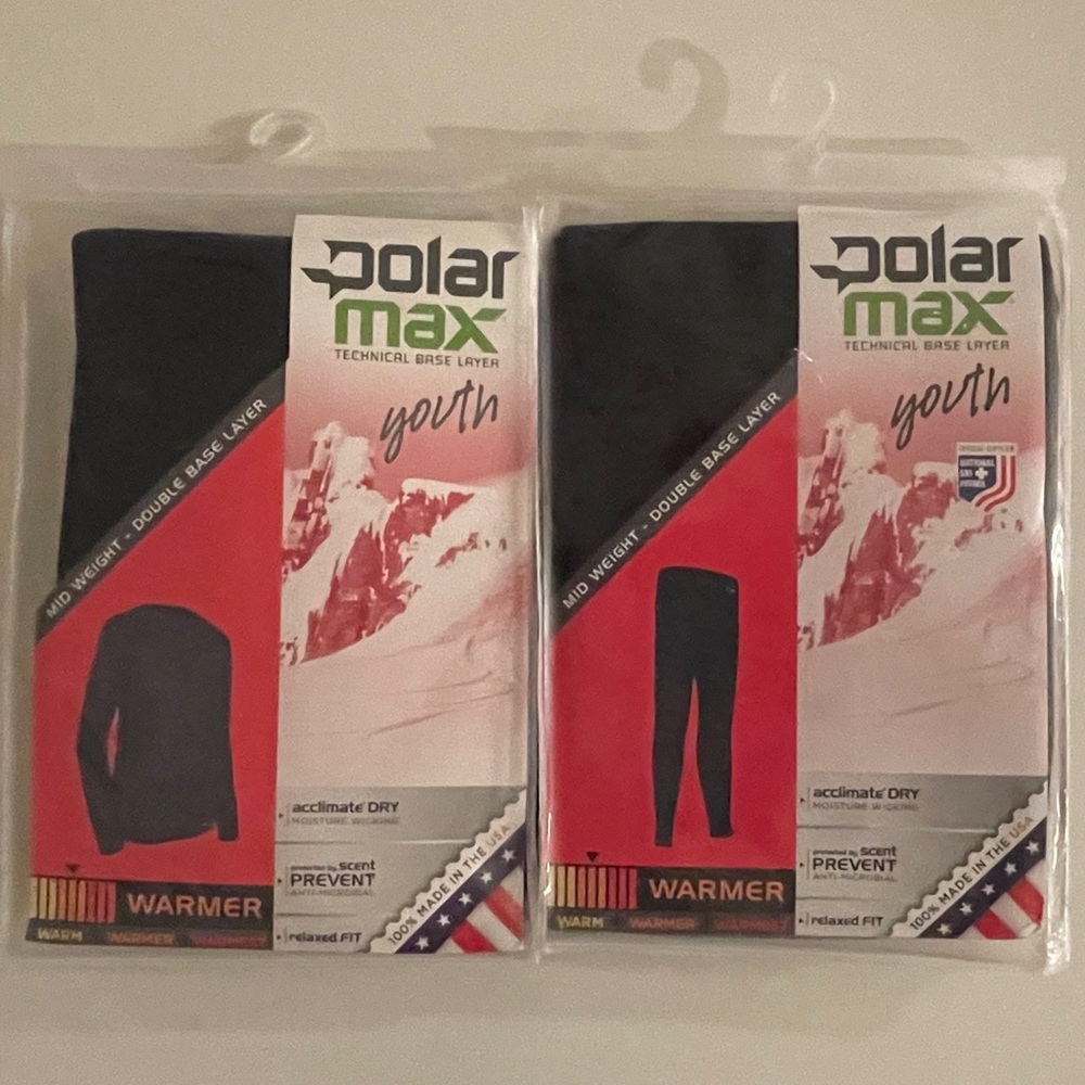 Polarmax base layers, black, includes long sleeve top & pants, youth small (6-8)